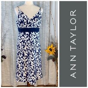 Ann Taylor blue and white sleeveless paisley silk empire dress.
